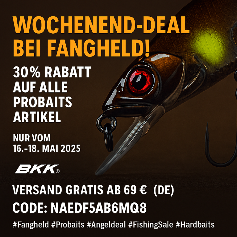Nahaufnahme eines hochwertigen Kunstköders von PROBAITS mit BKK Drillingen, beworben im Wochenend-Deal von Fangheld mit 30 % Rabatt vom 16.–