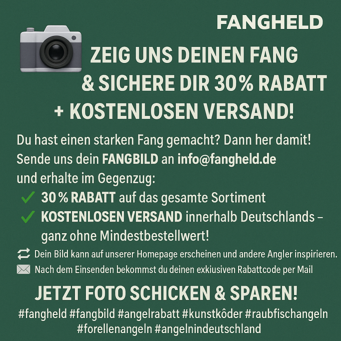 Auf dem Bild ist der Aufruf „Zeig uns deinen Fang & sichere Dir 30 % Rabatt + kostenlosen Versand“ zu sehen. Es richtet sich an Anglerinnen 