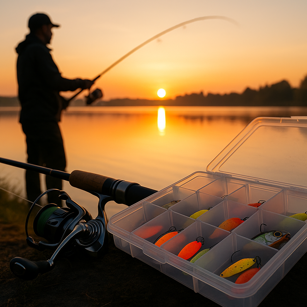 Köderkoffer mit PROBAITS Spoons und Wobblern am Seeufer bei Sonnenaufgang – Fangheld Angelblog Offener Köderkoffer mit PROBAITS Spoons und Wobblern, daneben Angelrute am Seeufer im Sonnenaufgang – Hauptbild Fangheld Angelblog